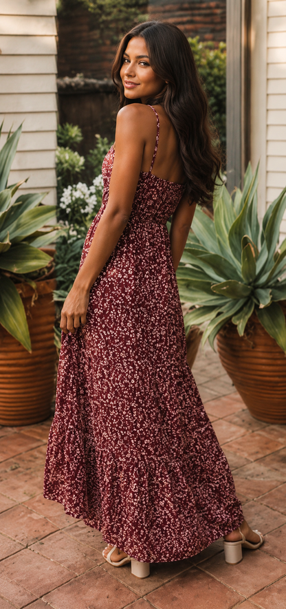 The Vinea - Floral Print Spaghetti Strap Maxi Dress