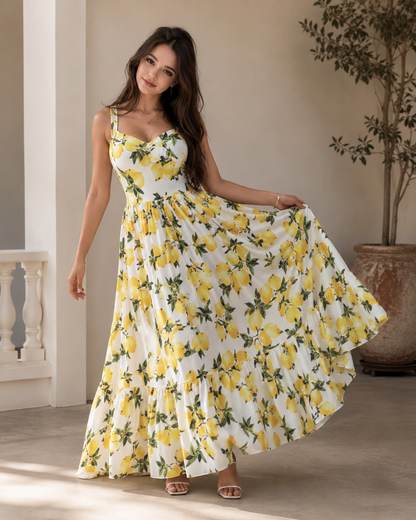 The Citrina - Lemon Floral Spaghetti-Strap Backless Dress