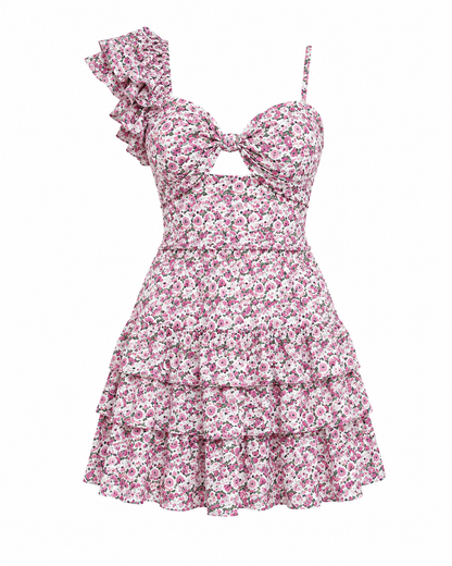 The Rosalia - Pink Floral One-Shoulder Dress
