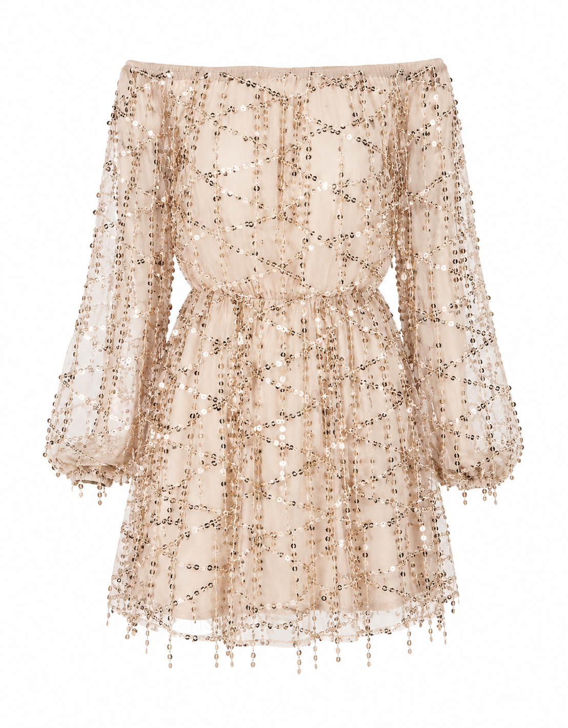 The Flavia – Off-Shoulder Sequin Fringe Dress