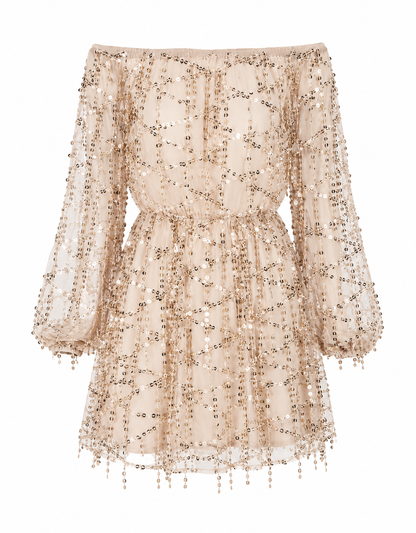 The Flavia – Off-Shoulder Sequin Fringe Dress