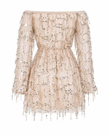 The Flavia – Off-Shoulder Sequin Fringe Dress