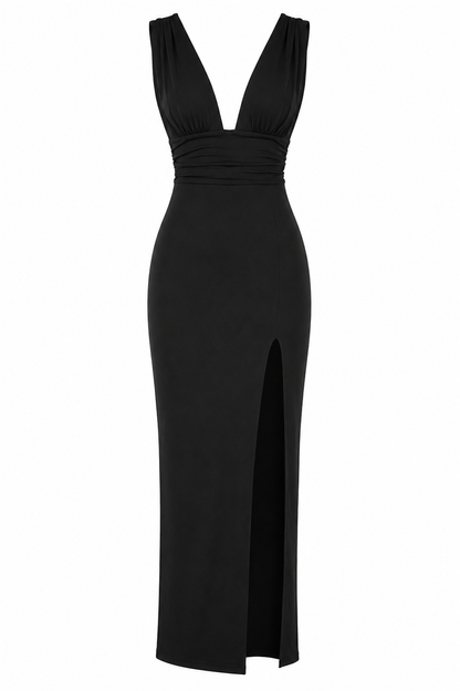 The Antonia – Plunge Neck Midi Dress
